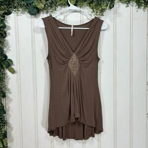 TUA Brown Sleeveless V Neck Blouse SMALL Ruched Feminine